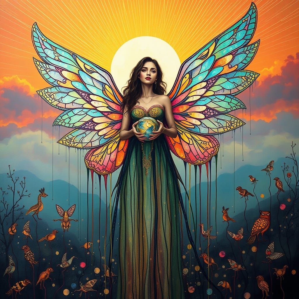 Surreal Goddess Rises with Dripping Paint and Majestic Wings