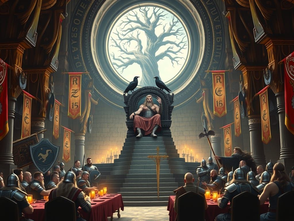 Odin Enthroned in Valhalla: Hyperrealistic Oil Painting