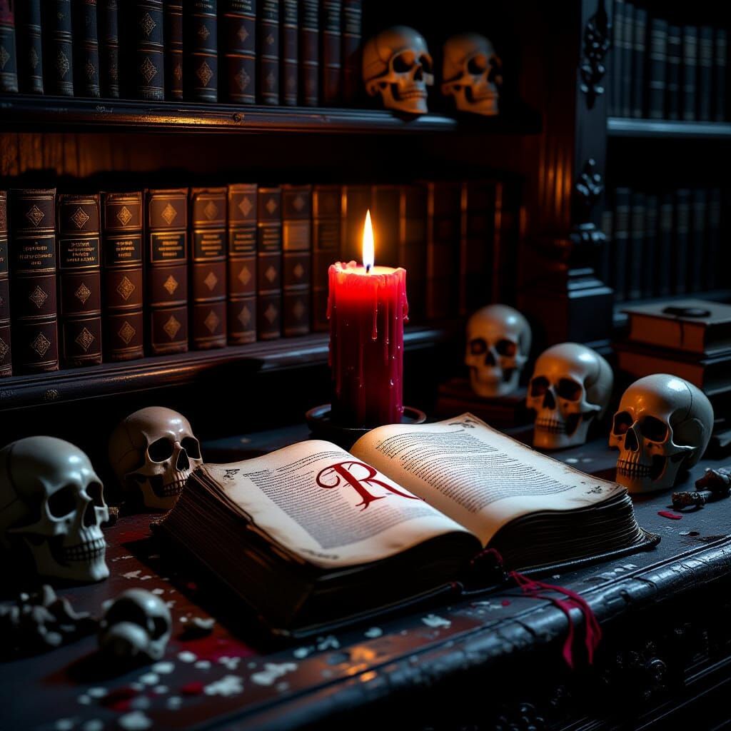 Red Candle in Midnight Library with Skulls