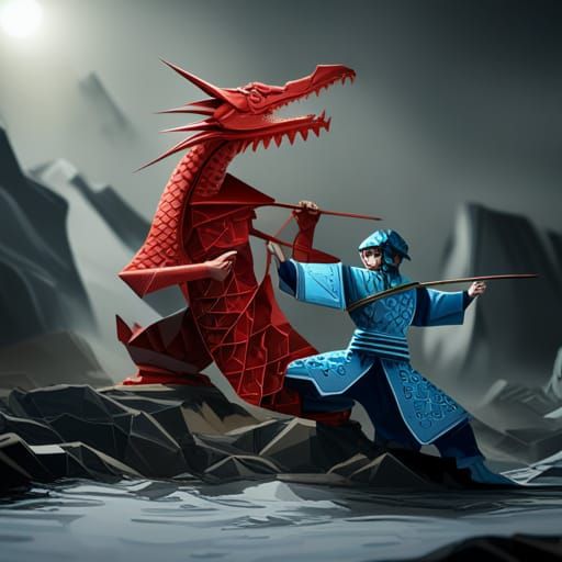 Origami Warrior vs. Dragon: Fantasy Concept Art