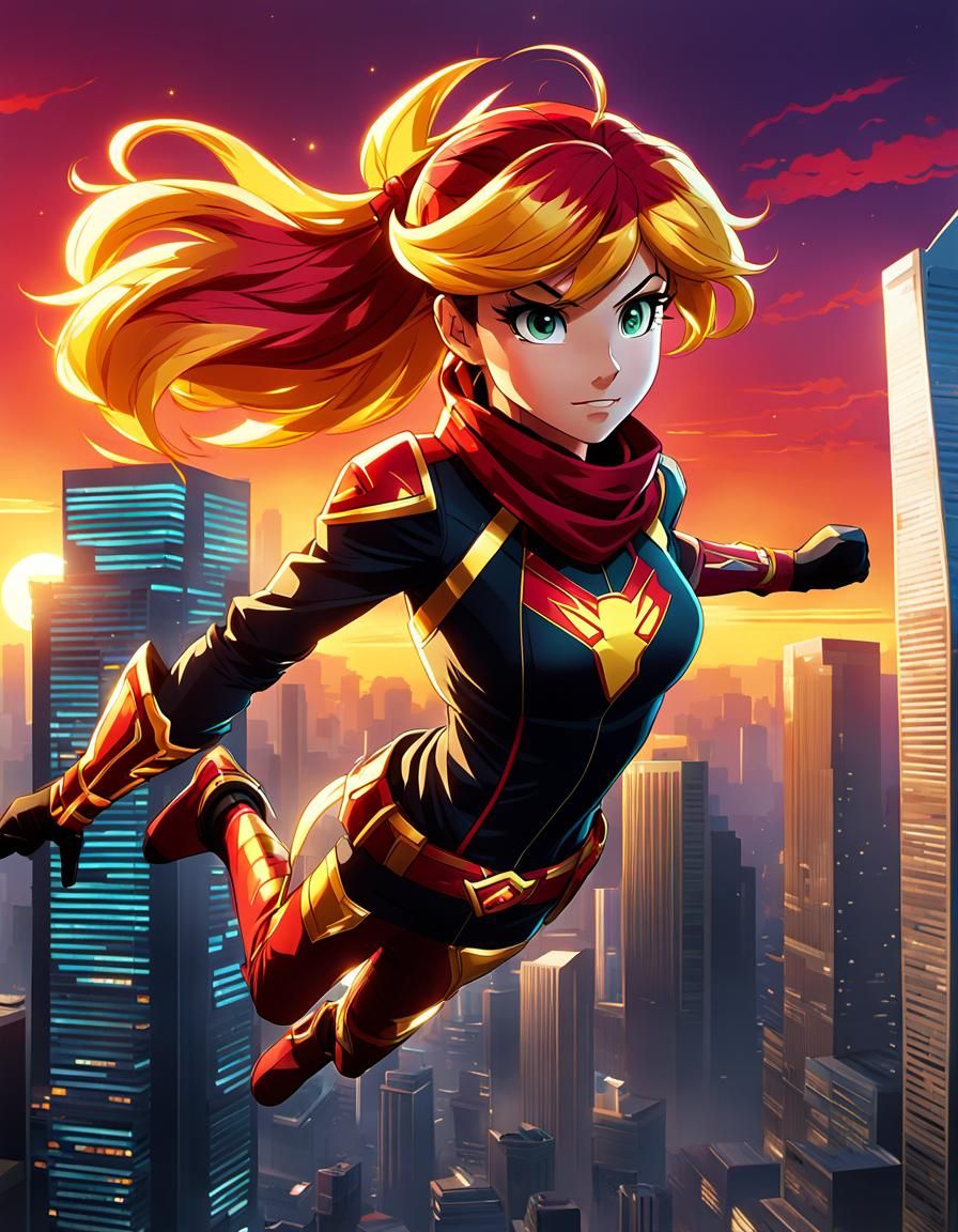 Sunset Shimmer Leaps from Skyscraper in Anime Style