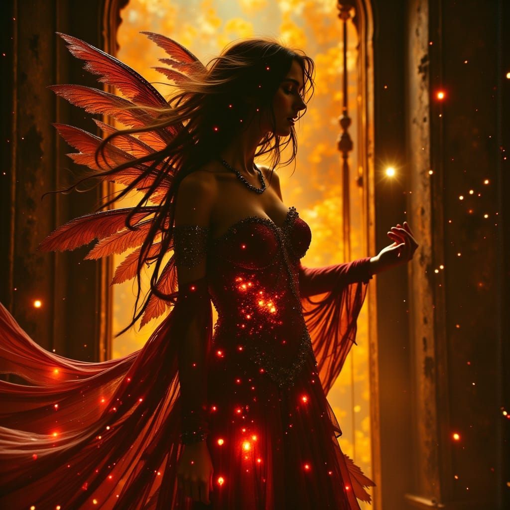 Cyberpunk Woman in Glowing Amber and Red Dress