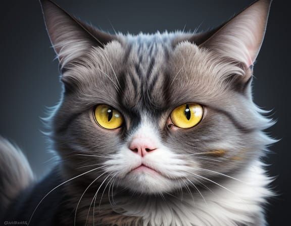 Grunge Realism Cartoon Cat Portrait with Blue Fur and Yellow...