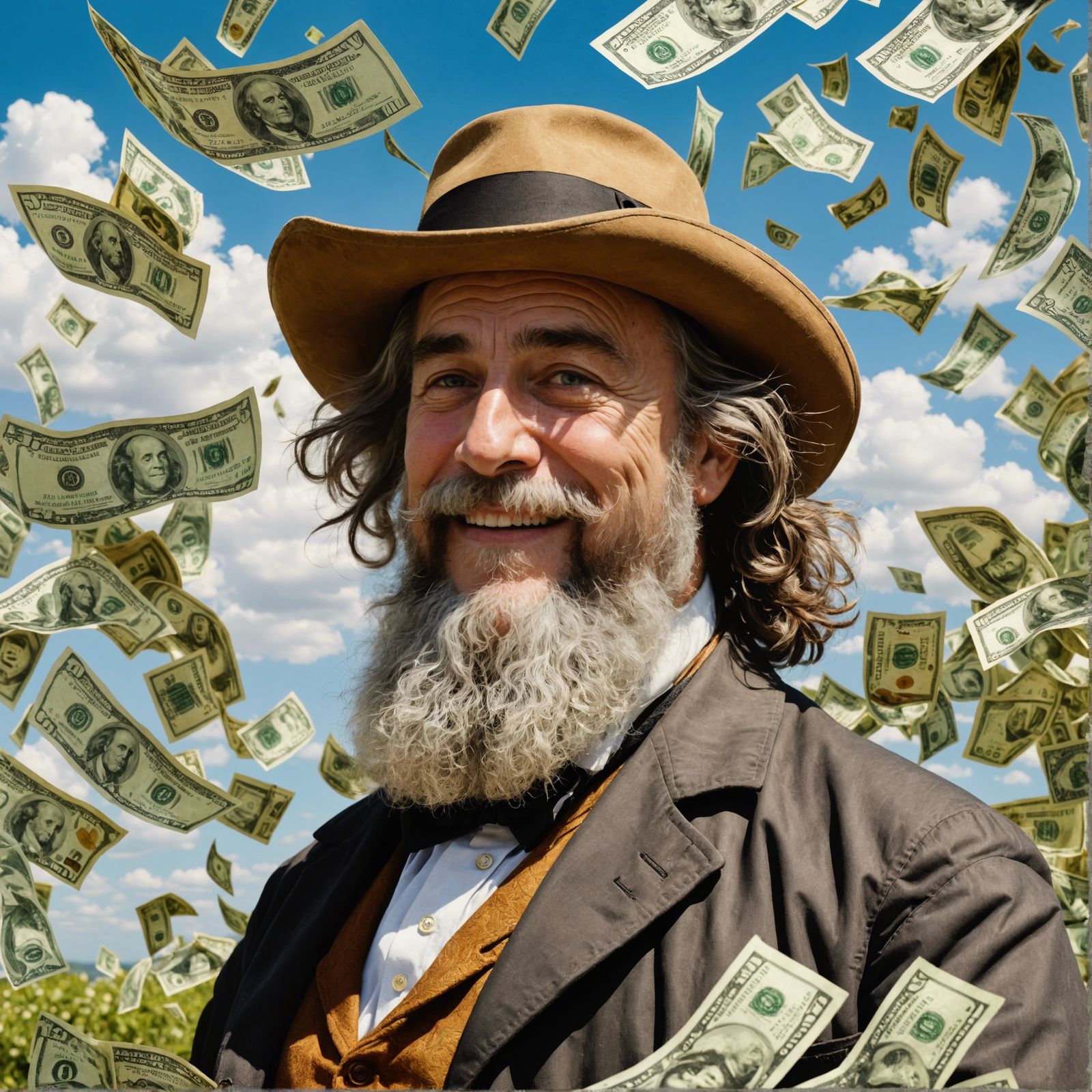 Happy Artist Surrounded by Money in Watercolor Style