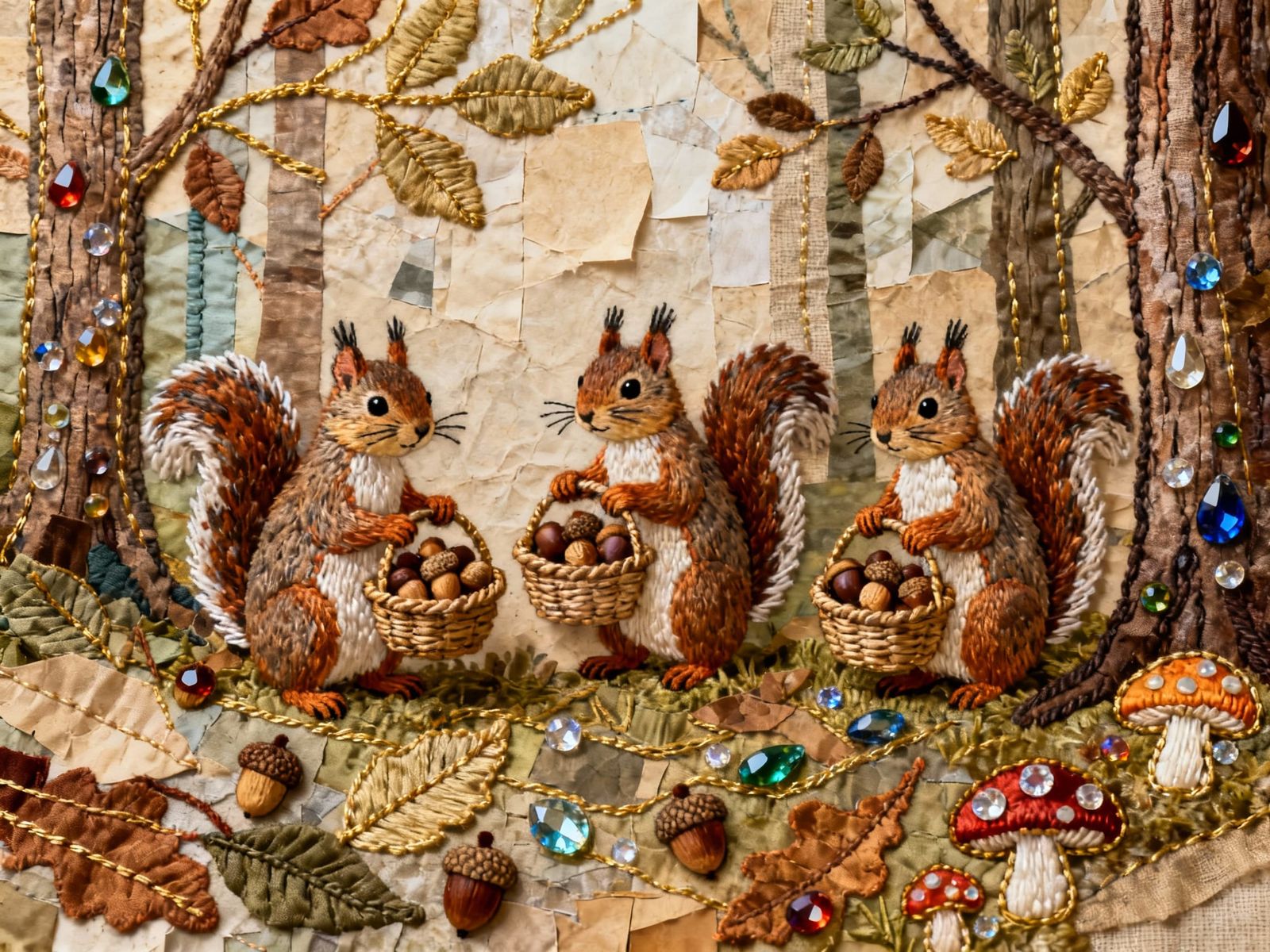 Squirrels Gather Acorns and Mushrooms in Mixed Media Collage
