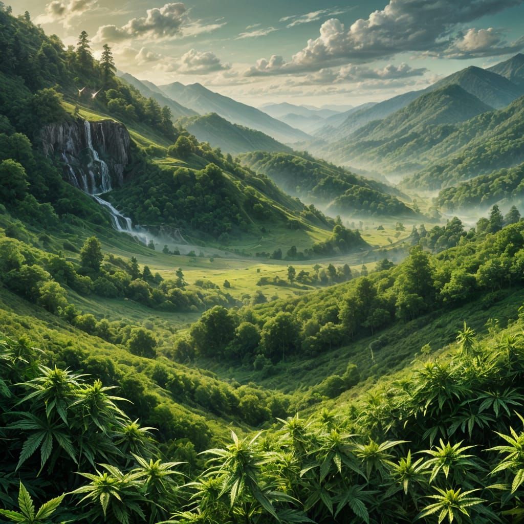 Lush Marijuana Fields in Smoky Mountains, Detailed Matte Pai...