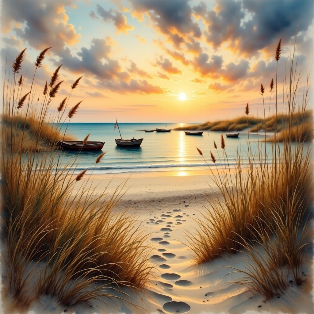 Golden Hour Seashore with Boats in Watercolor Style