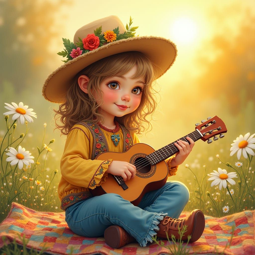 Boho Hippie Child Strumming Guitar in Golden Light