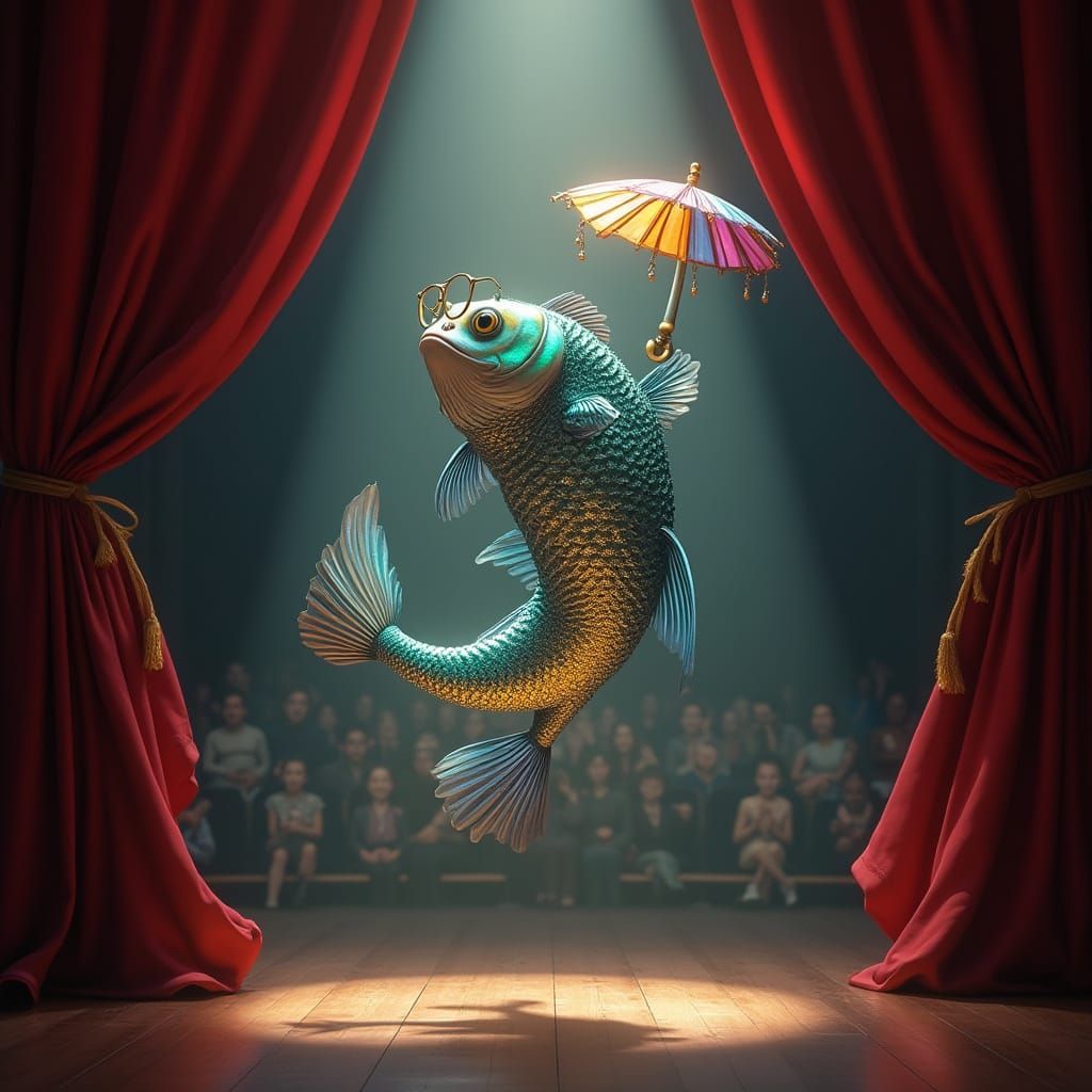 Hyper-Realistic Fish Dances on Elegant Stage in Cyberpunk St...