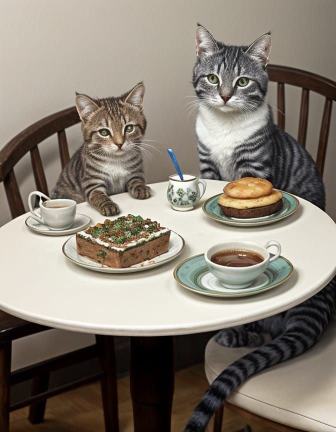 Mother Cat and Kitten Enjoy a Whimsical Tea Party