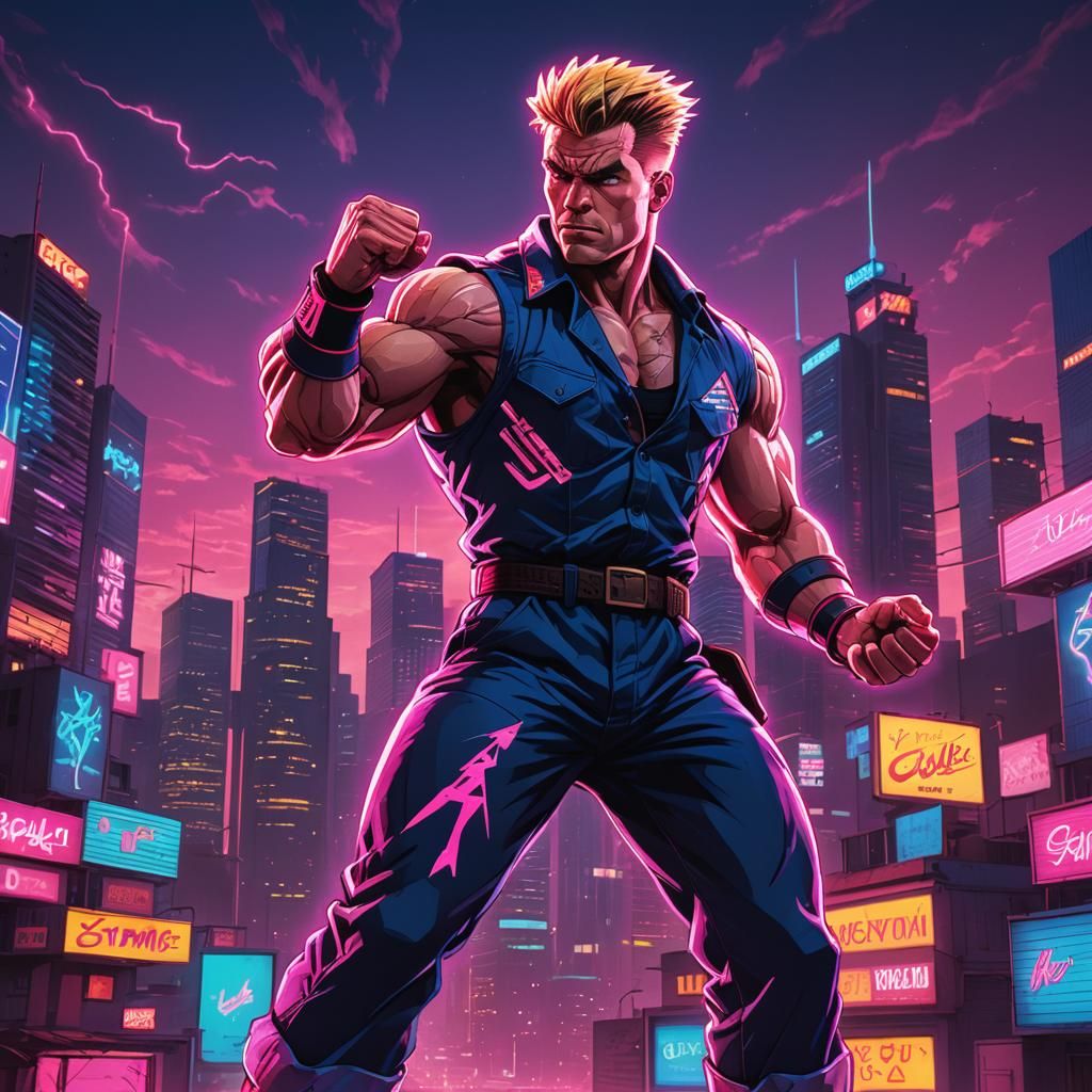 Guile in Synthwave Neon Cityscape