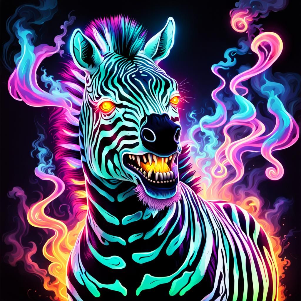 Neon Horror: Skeletal Zebra with Glowing Eyes