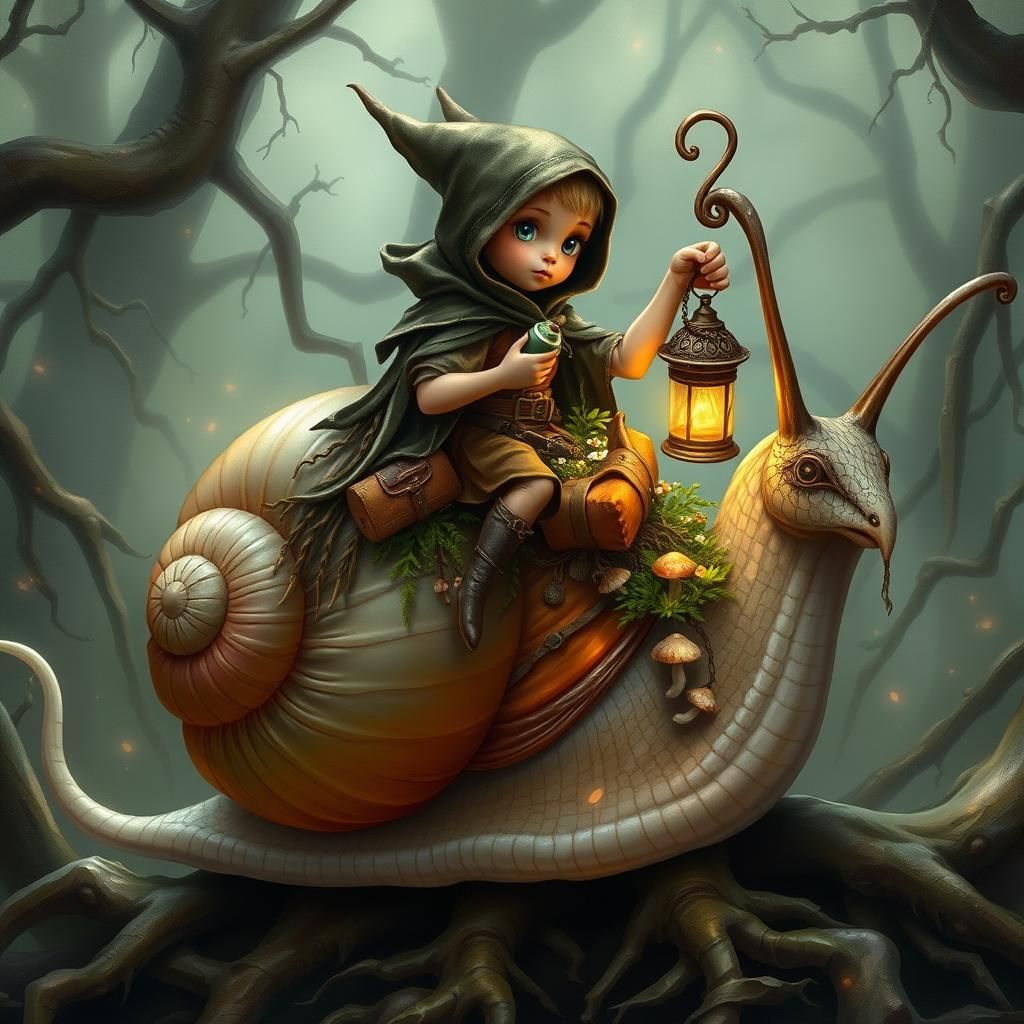 Pixie Rides Snail in Mystical Fantasy Swampland