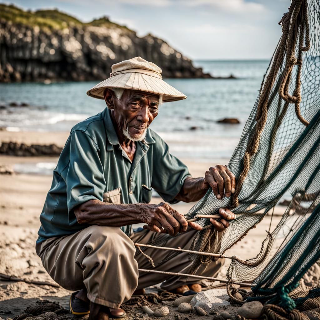Elderly Fisherman Mending Nets by the Shore