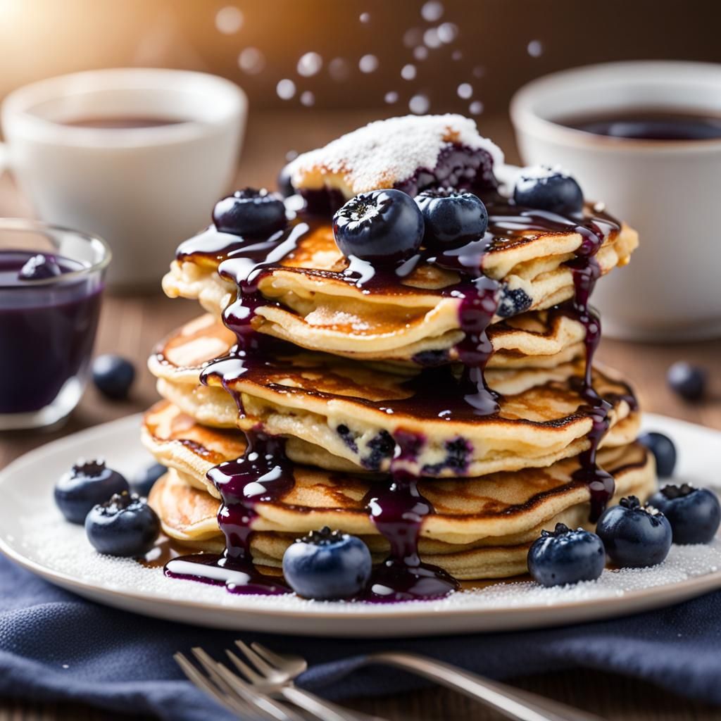 blueberry pancakes kissed with maple syrup swirls