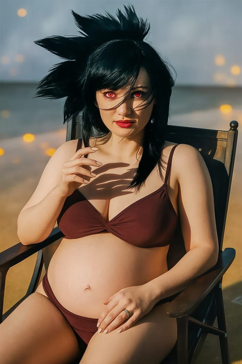 Pregnant Woman with Red Eyes in Warmly Lit Room