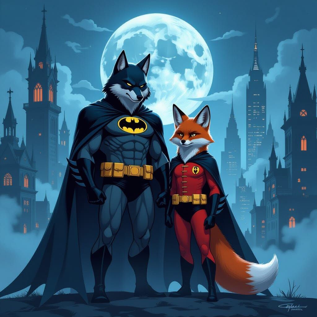 Batman and Robin as Wolf and Fox in Cityscape