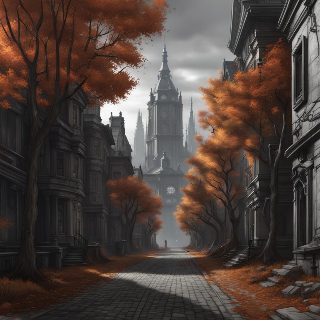 Grayscale Autumn Park Scene in Dark Fantasy Style