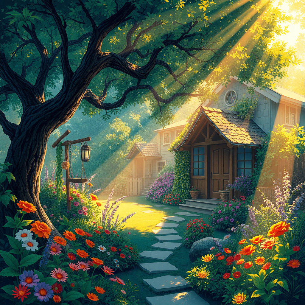 Enchanted Home in Lush Garden, Miyazaki-esque