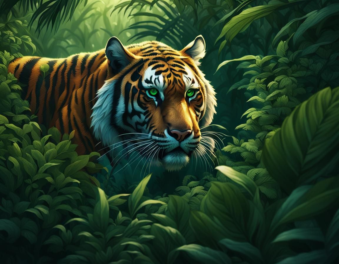 Tiger Peering Through Jungle Bushes: Detailed Matte Painting
