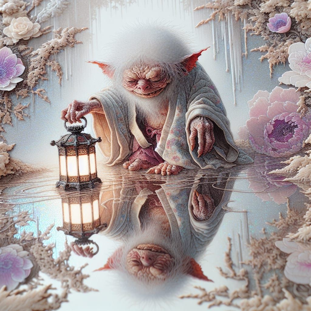 Ukiyo-e Gremlin with Lantern in Dreamy Landscape