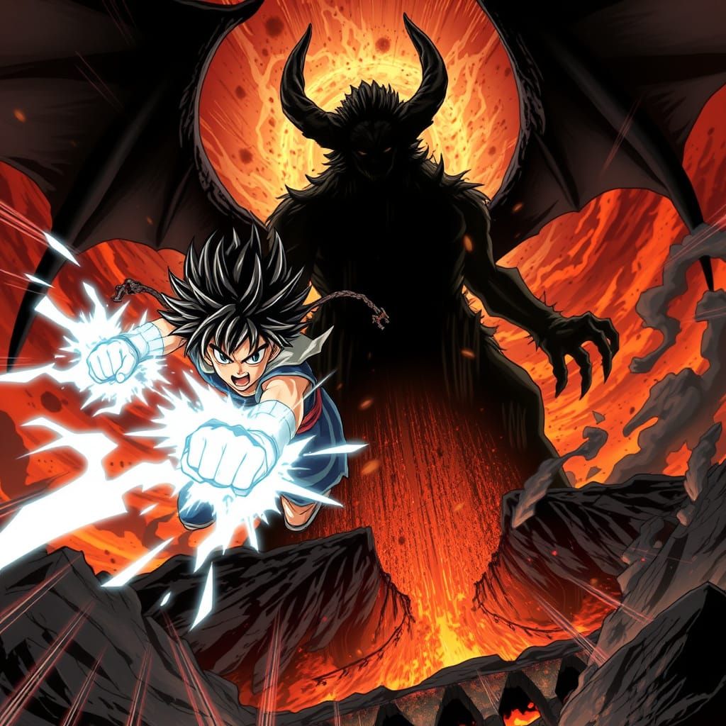 Anime Warrior Battles Shadow Demon Amidst Fire and Energy