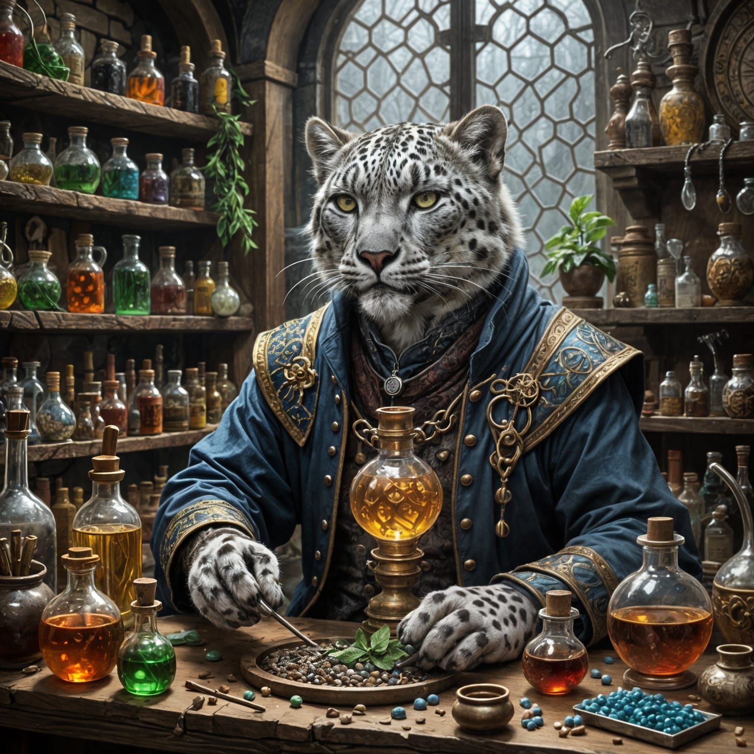 Snow Leopard Alchemist in Renaissance Fantasy Art