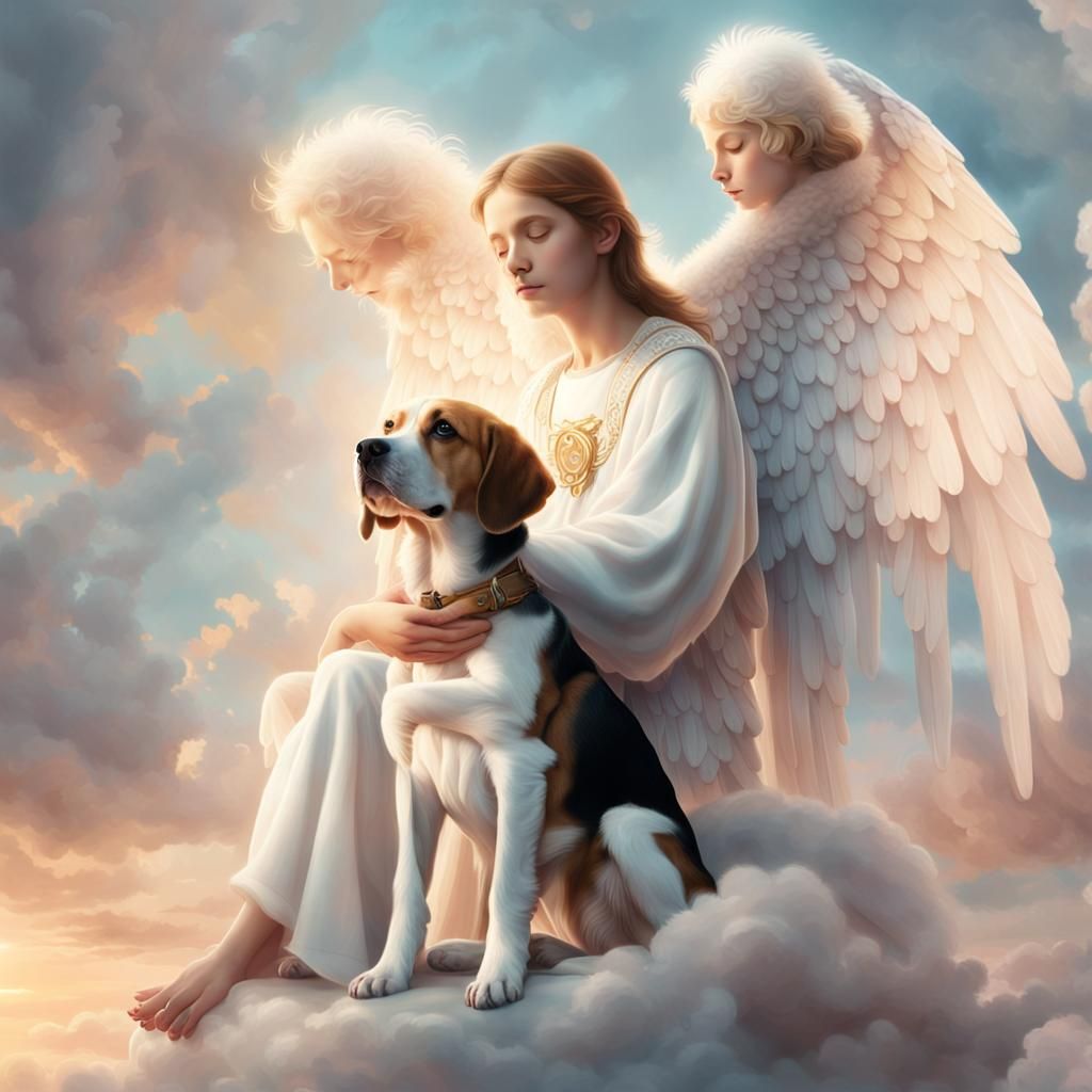Angel on Cloud Throne Holding Beagle