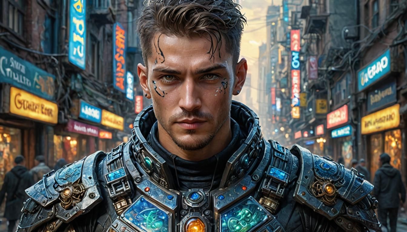 Gentle Cyberpunk Warrior: Detailed Photo Illustration