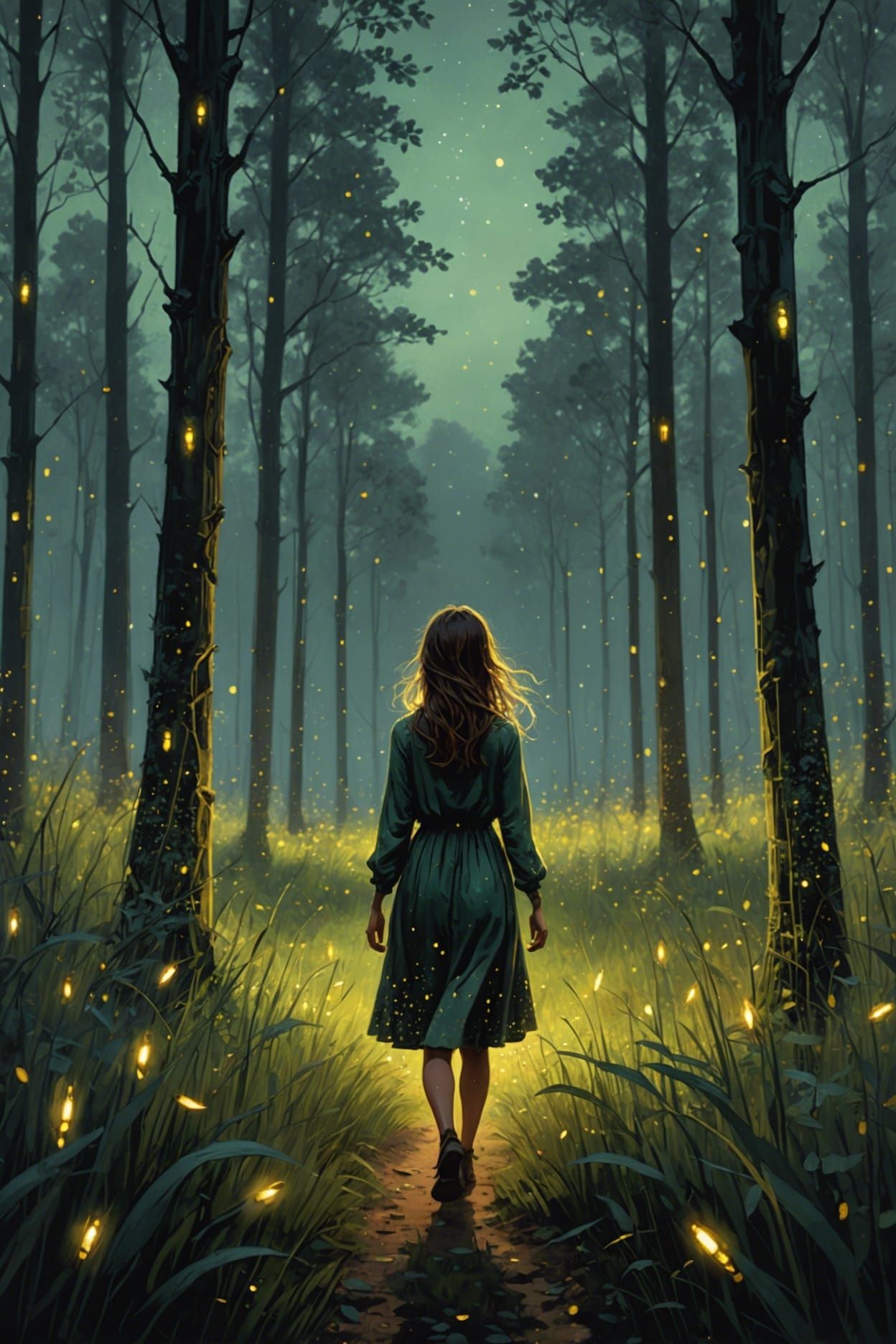 Crying Girl in Firefly Forest: Digital Art