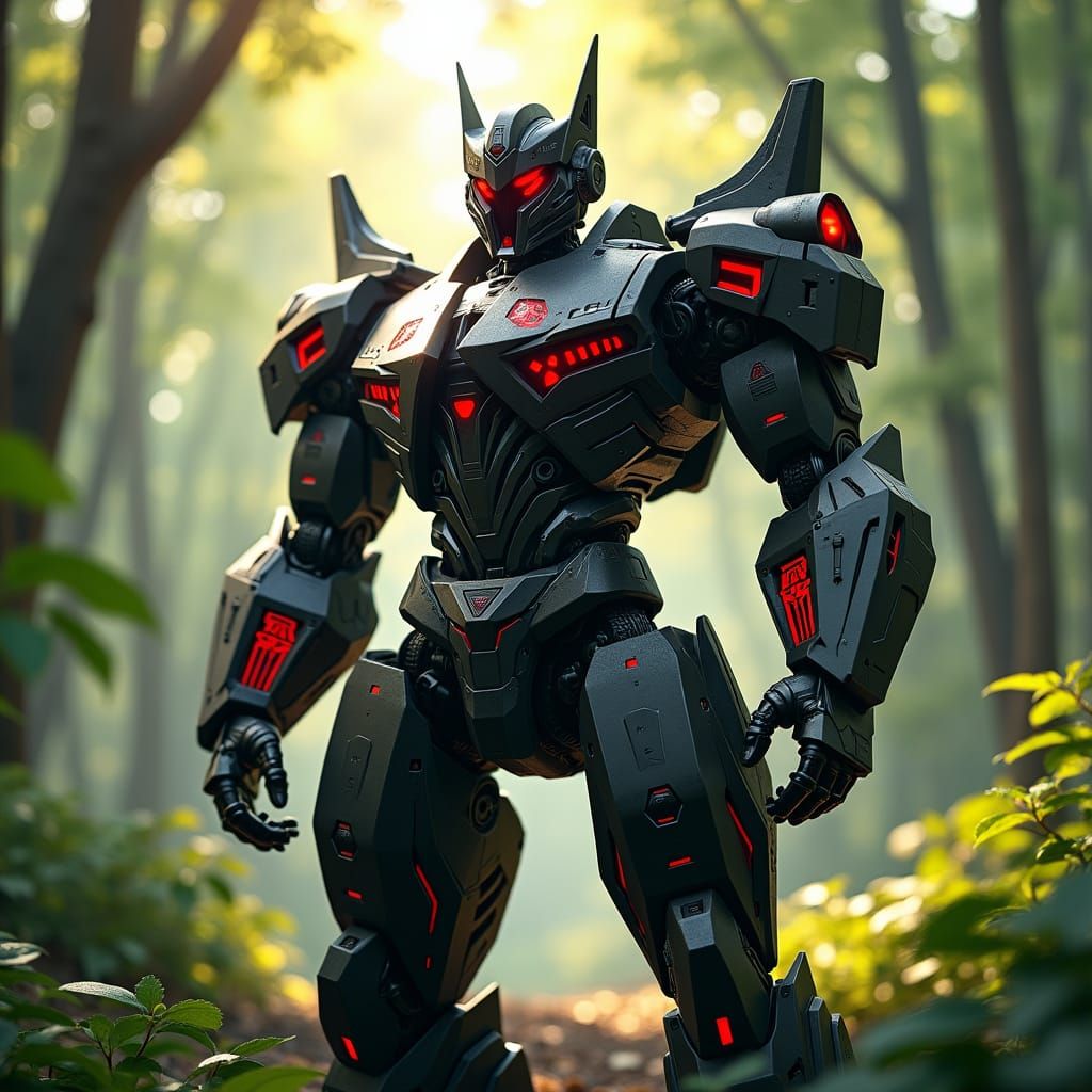 Black and Red Transformer in a Forest, Futuristic Style