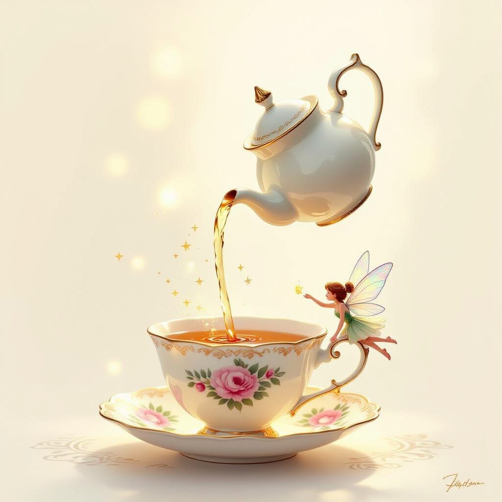 Whimsical Fairy Pours Magical Tea in Storybook Style