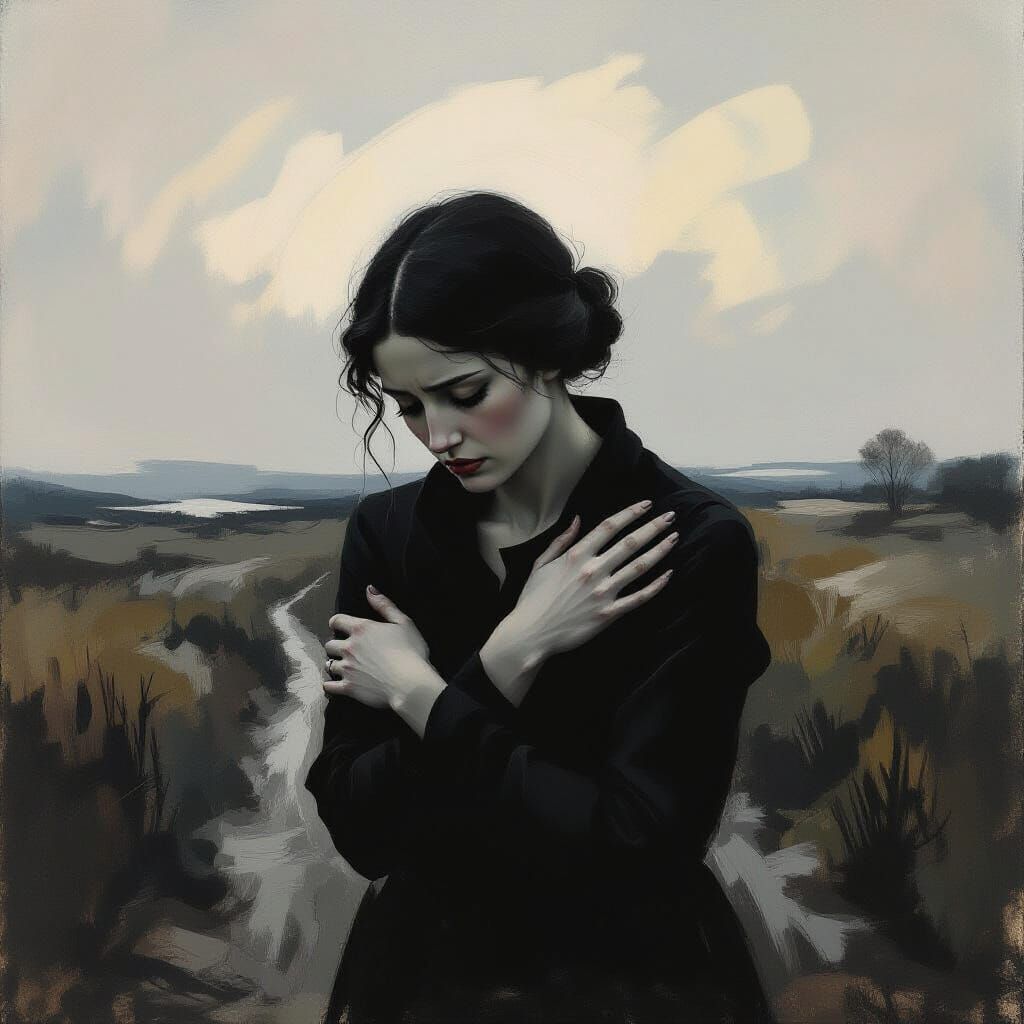 Sorrowful Woman in Desolate Landscape, Painterly Style