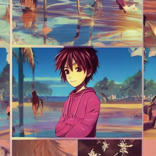 Nami on Beach at Sunset in Anime Manga Style