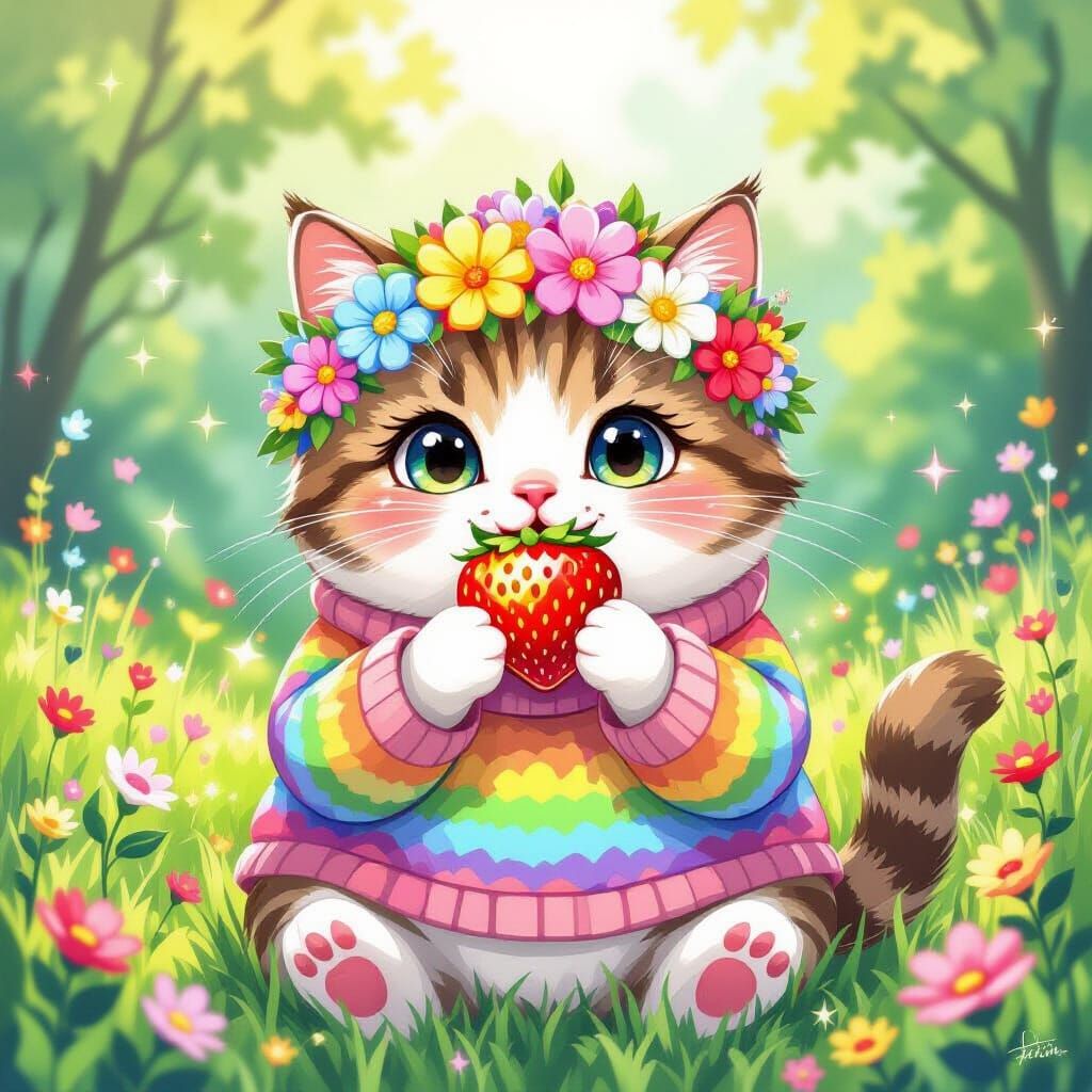 Whimsical Cat with Rainbow Strawberries in Watercolor Style