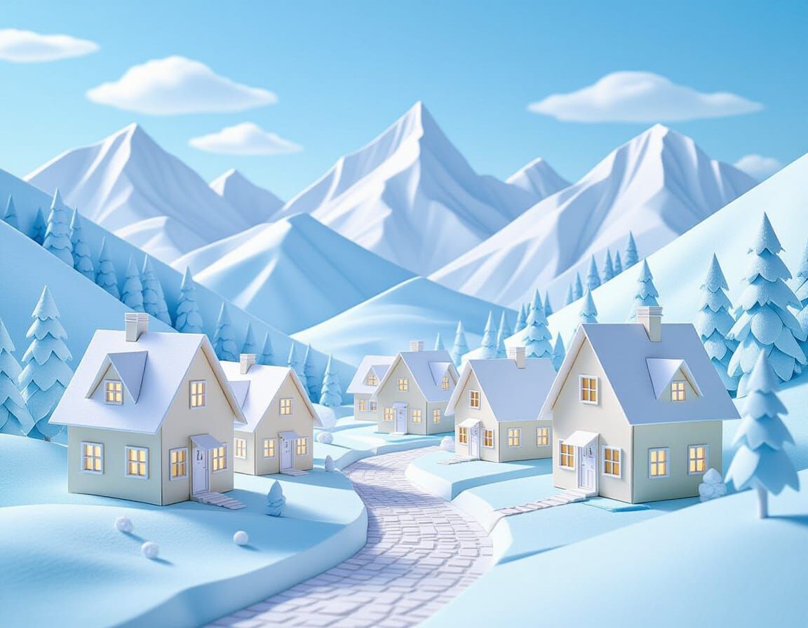 Origami Alpine Village in Fantasy Concept Art Style