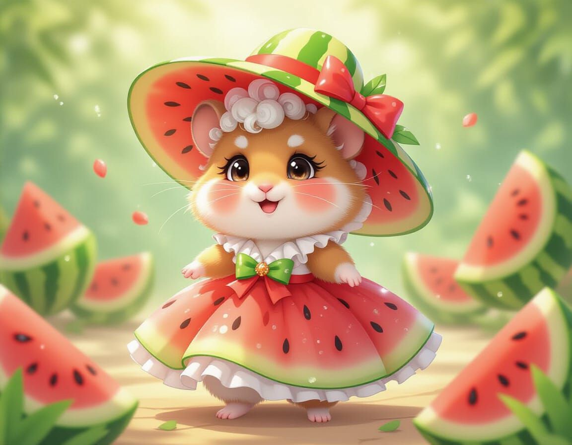 Glamorous Cartoon Hamster in Watermelon Outfit