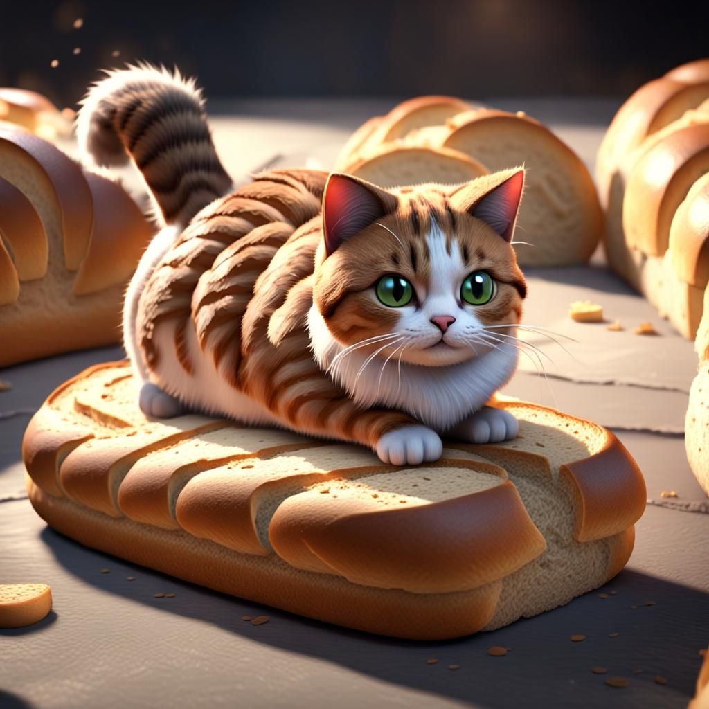 a photo of a cat loaf with a tail, walking around, a cat merged into a loaf of bread, fully made out of bread structure
