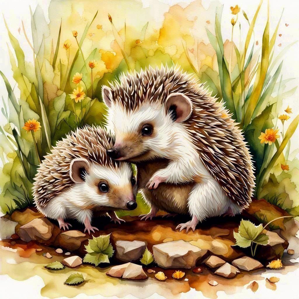 Adorable Chibi Hedgehogs Kissing in Watercolor Style