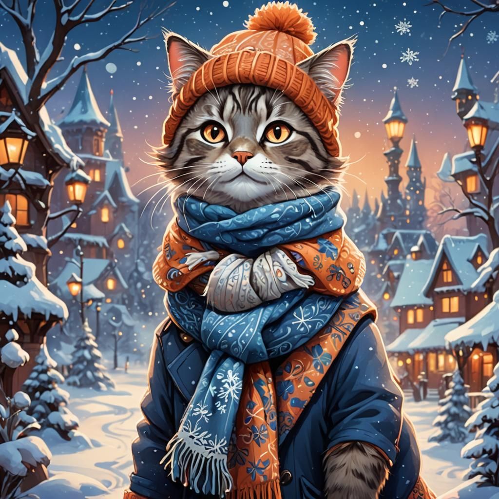 Cute Cat in Winter Wonderland, Disney-Style Cartoon