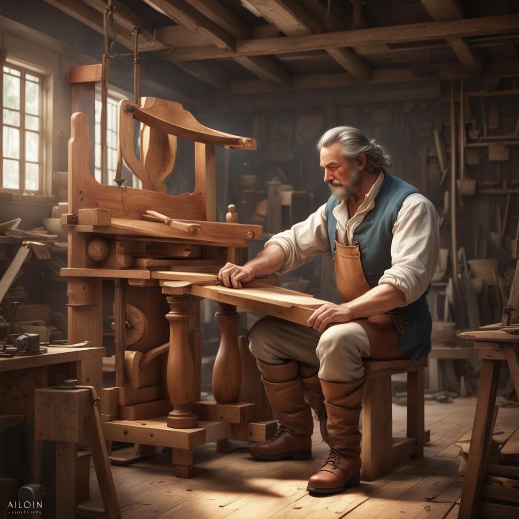 Colonial Carpenter Constructing a Chair, Detailed Digital Ar...