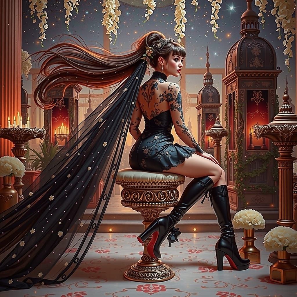 Goth Bride in Elegant Black Wedding Attire with Twinkling Li...