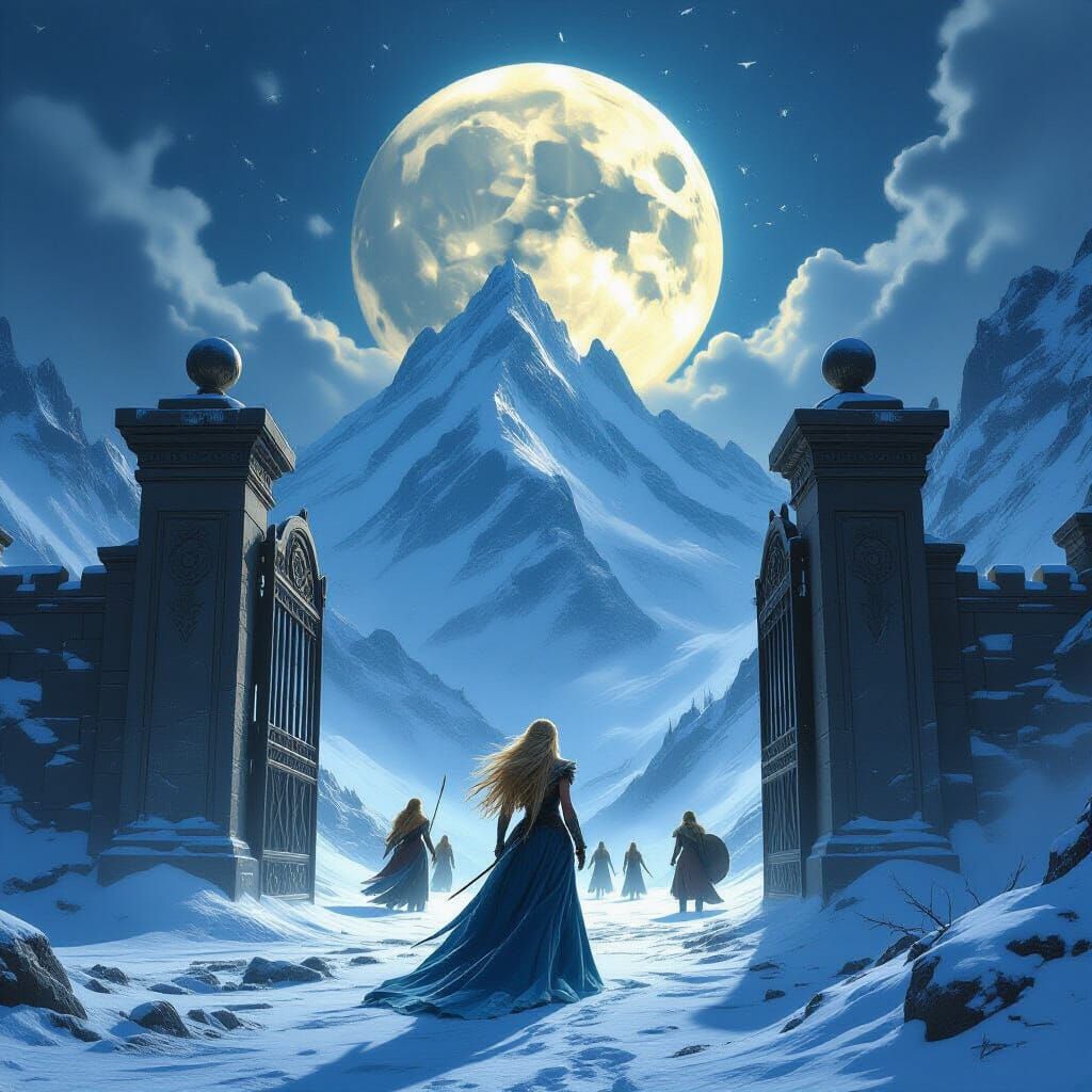 Freya Oversees Battle by Moon Mountains in Painterly Style