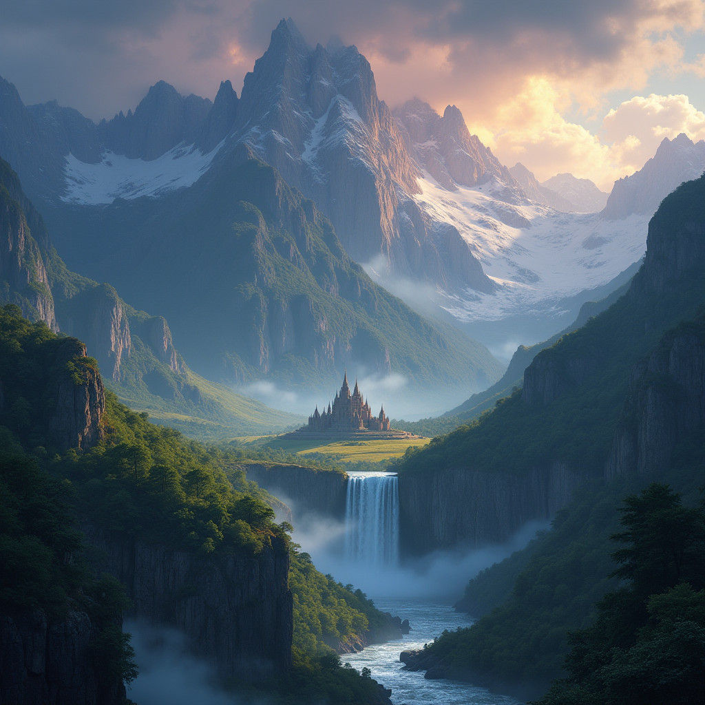 Majestic Mountain Range with Ancient Strongholds