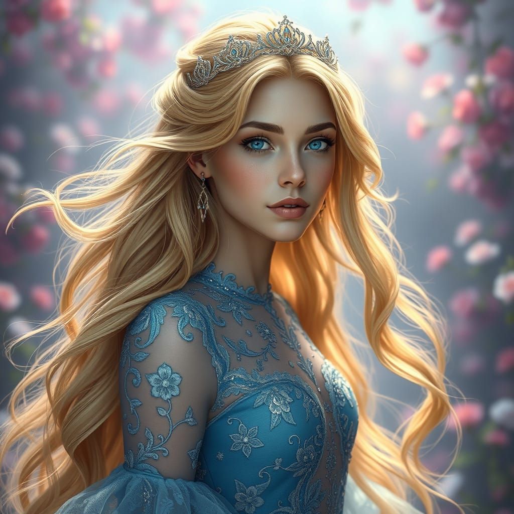 Regal Princess in Delicate Blue Flower Dress