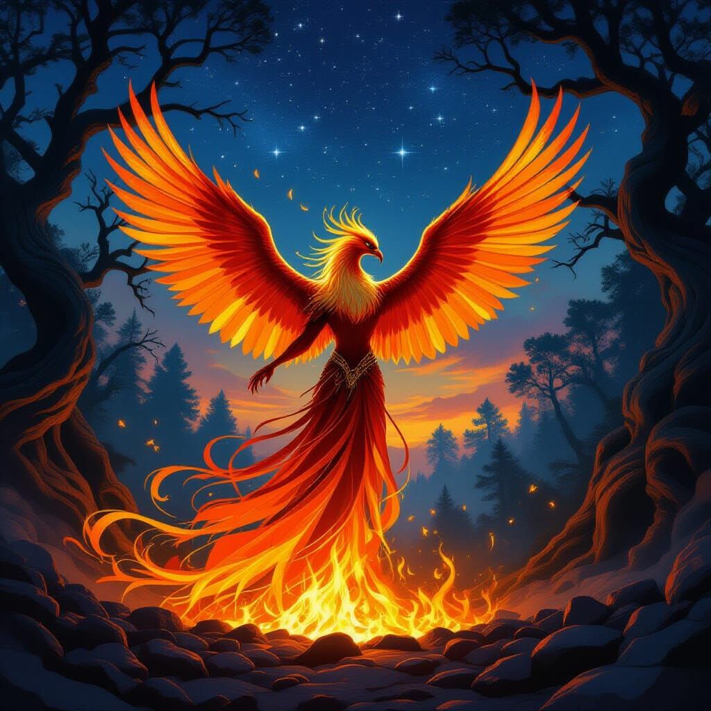 Majestic Phoenix Rises from Embers in Fantasy Art Style