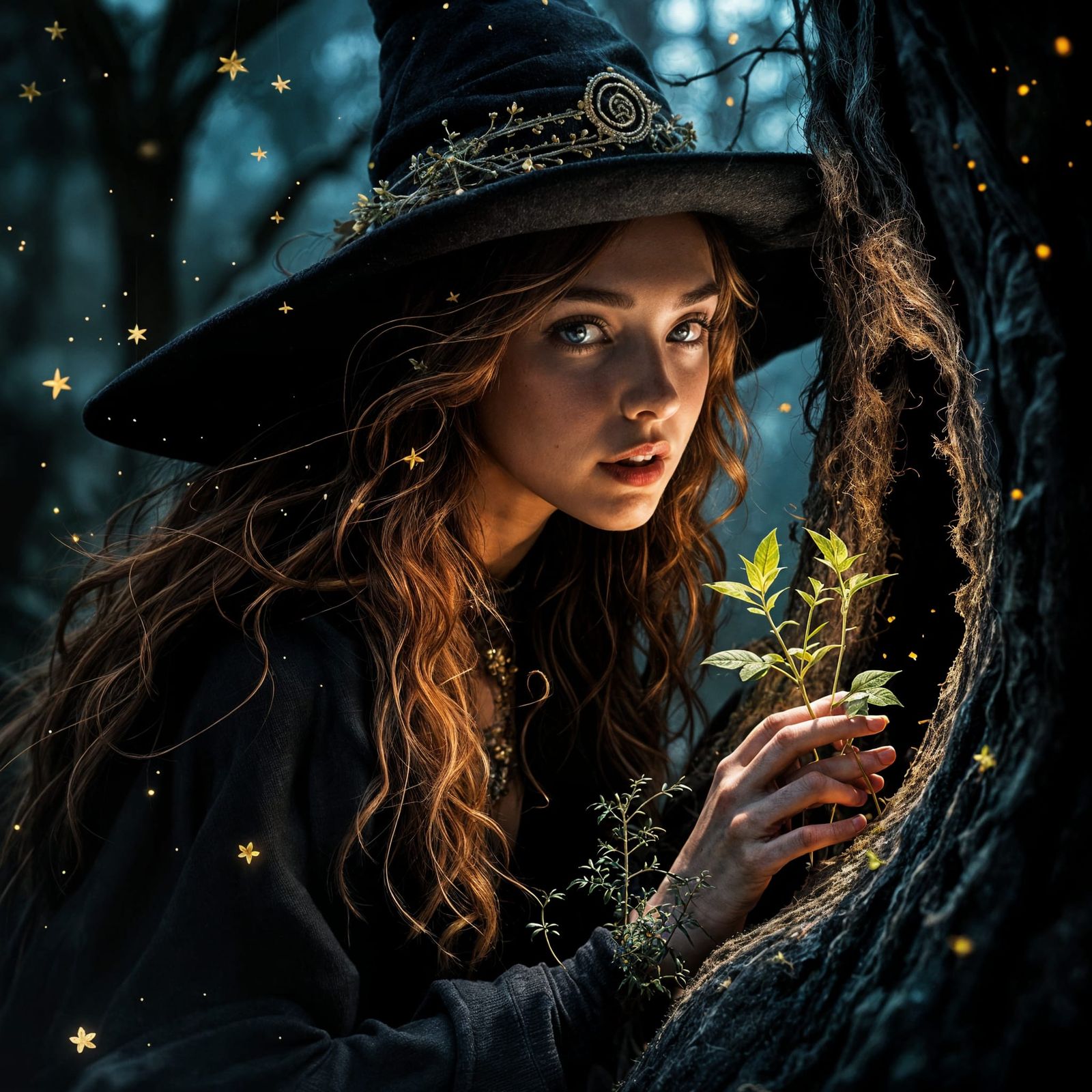 Enchanting Witch Finds Magical Plant in Dark Forest