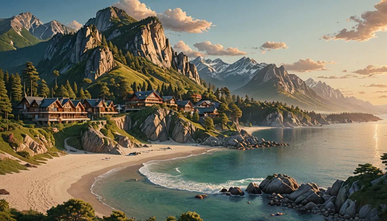 Majestic Mountains Meet Sea: Digital Matte Painting