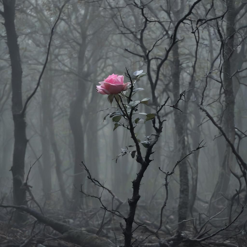 Pink Rose Thrives in Dark Surreal Forest
