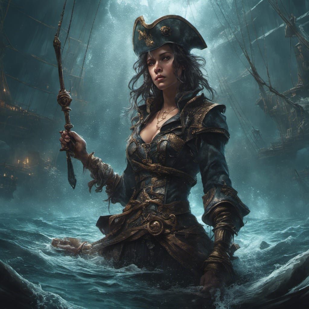 Priestess Pirate on Sinking Ship: Dark Fantasy Art